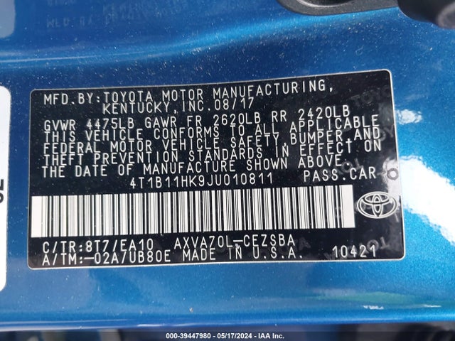 Toyota CAMRY SE 2018 4T1B11HK9JU010811 Image 9