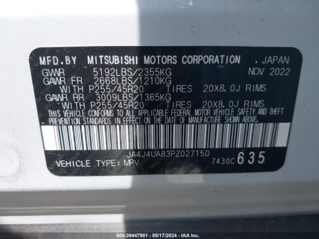 JA4J4UA83PZ027150 Mitsubishi Outlander Ralliart S-awc/se 2.5 S-awc/se Black Edition S-awc/se Special Editiont S-awc