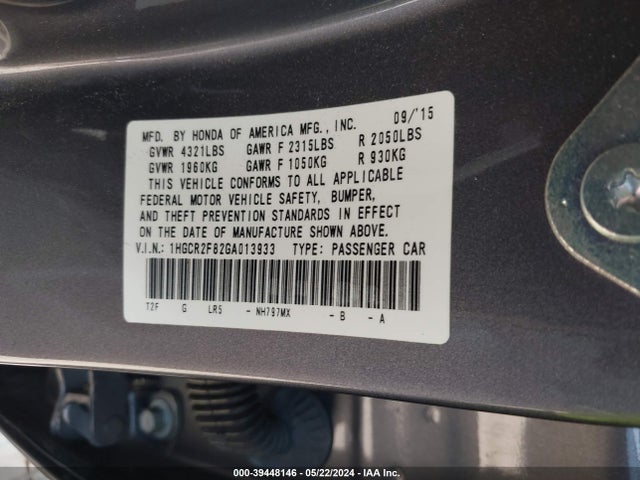 Honda Accord Ex-l 2016 1HGCR2F82GA013933 Image 9