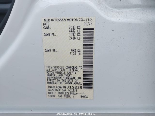 1N4BL4CW7PN315839 Nissan Altima Sr Intelligent Awd