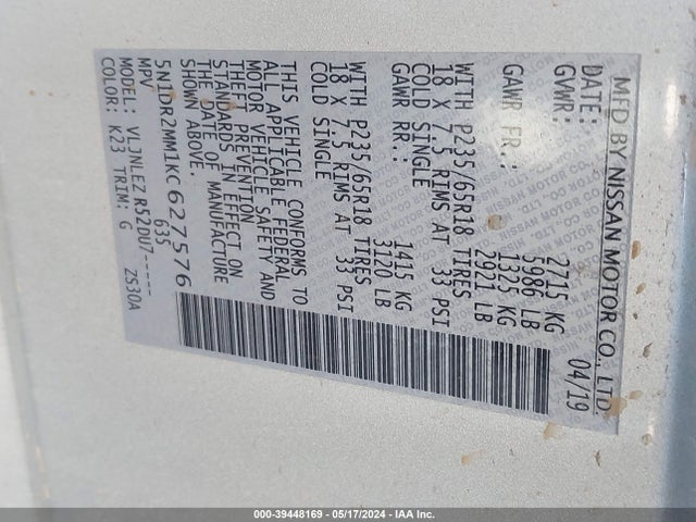 Nissan Pathfinder Sv 2019 5N1DR2MM1KC627576 Image 9