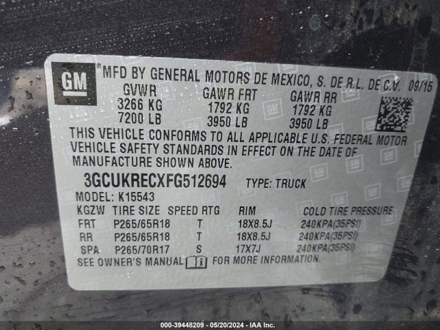 Chevrolet Silverado 1500 2lt 2015 3GCUKRECXFG512694 Image 9