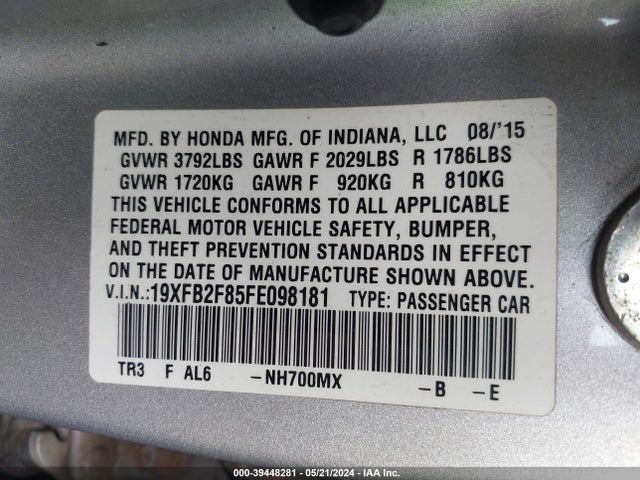 Honda CIVIC EX 2015 19XFB2F85FE098181 Image 9