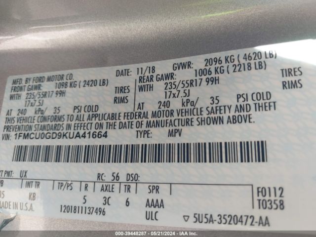 1FMCU0GD9KUA41664 Ford ESCAPE SE