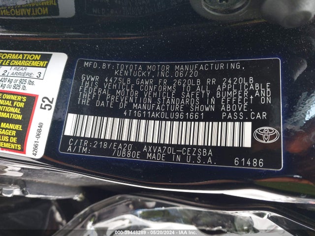 Toyota CAMRY SE 2020 4T1G11AK0LU961661 Image 9