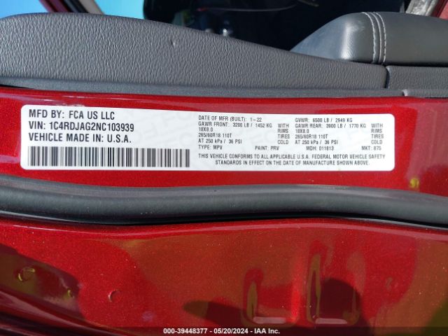 1C4RDJAG2NC103939 Dodge Durango Sxt Awd