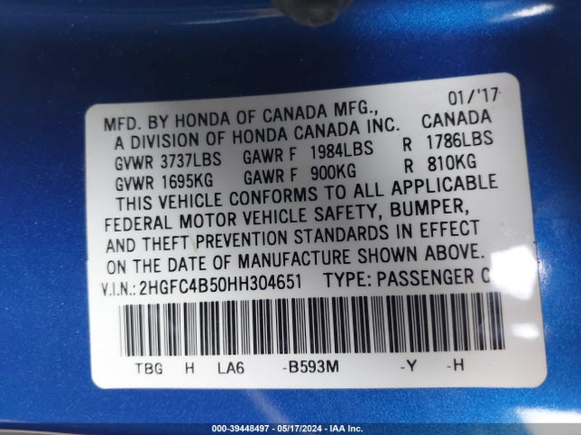 Honda Civic Lx 2017 2HGFC4B50HH304651 Image 9