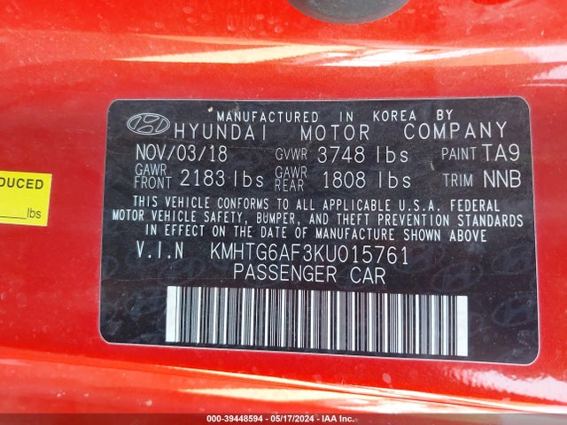 Hyundai Veloster 2.0 2019 KMHTG6AF3KU015761 Image 9