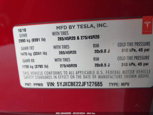 5YJXCBE22JF127685 Tesla Model X 100d/75d/p100d