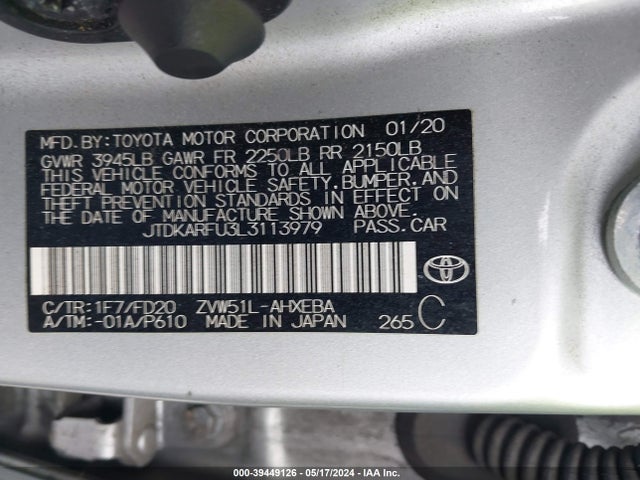 Toyota Prius Le 2020 JTDKARFU3L3113979 Image 9