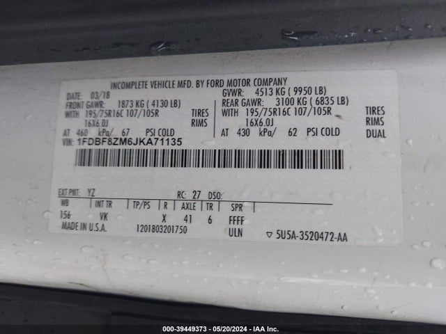Ford Transit-350 Cab 2018 1FDBF8ZM6JKA71135 Image 9