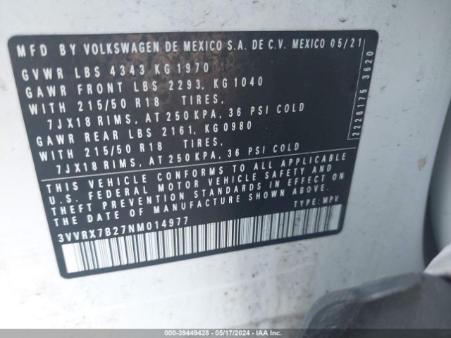 3VVRX7B27NM014977 Volkswagen Taos 1.5t Se