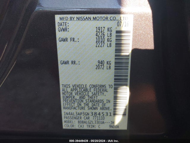 Nissan Altima 2.5 S 2016 1N4AL3AP3GN384531 Image 9