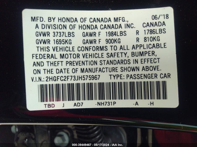 Honda CIVIC EX 2018 2HGFC2F73JH575967 Image 9