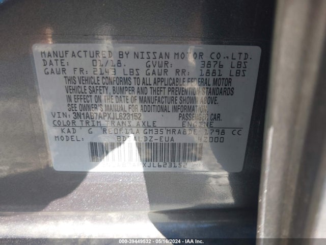 Nissan SENTRA SV 2018 3N1AB7APXJL623152 Image 9