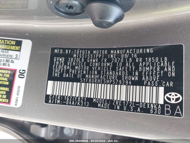 Toyota COROLLA LE 2017 5YFBURHE5HP579294 Image 9