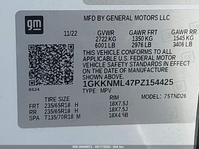 1GKKNML47PZ154425 GMC Acadia Fwd Slt