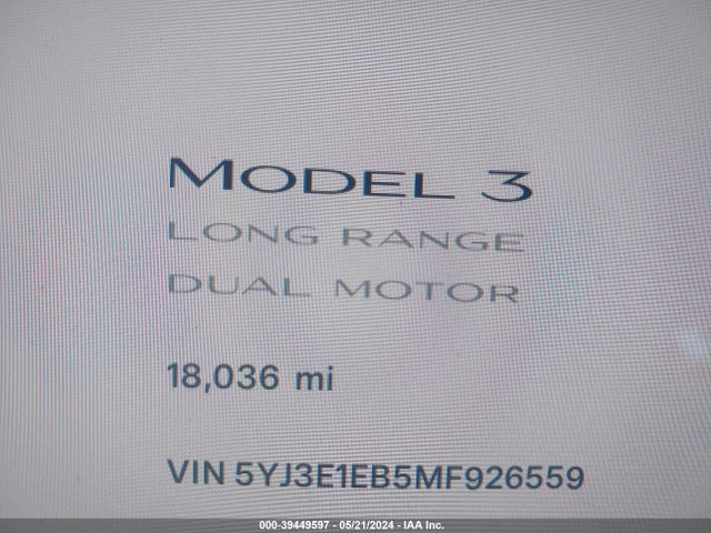 Tesla Model 3 Long Range Dual Motor All-wheel Drive 2021 5YJ3E1EB5MF926559 Image 15