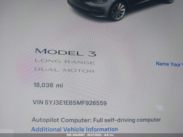 Tesla Model 3 Long Range Dual Motor All-wheel Drive 2021 5YJ3E1EB5MF926559 Image 7
