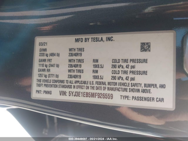 Tesla Model 3 Long Range Dual Motor All-wheel Drive 2021 5YJ3E1EB5MF926559 Image 9