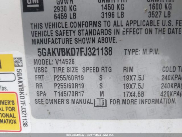 5GAKVBKD7FJ321138 Buick Enclave Leather