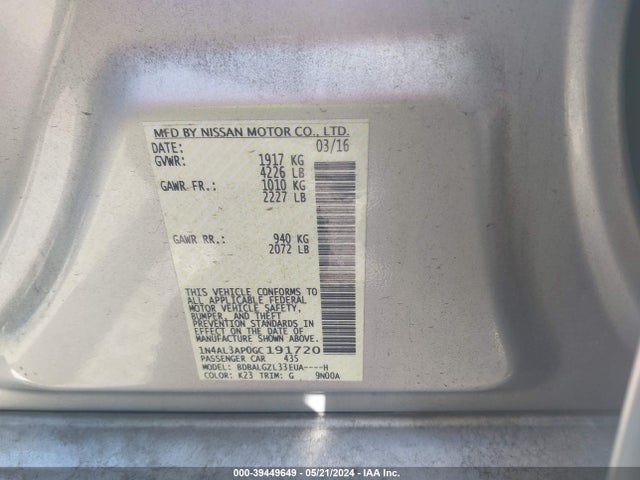 2016 Nissan Altima 2.5 S მანქანა იყიდება აუქციონზე, vin: 1N4AL3AP0GC191720, აუქციონის ნომერი: 39449649
