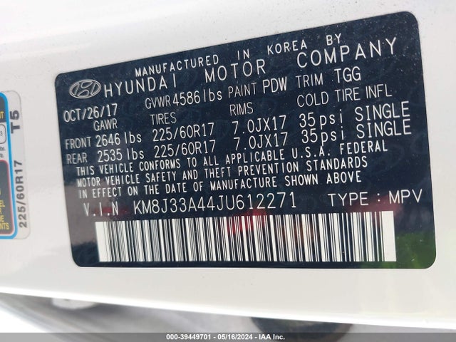 Aukcja sprzedaży 2018 Hyundai Tucson Sel, vin: KM8J33A44JU612271, numer aukcji: 39449701