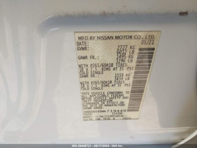 1N6ED0EB9MN719449 Nissan Frontier Sv 4x4