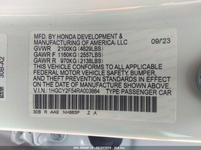 1HGCY2F54RA003884 Honda Accord Hybrid Sport
