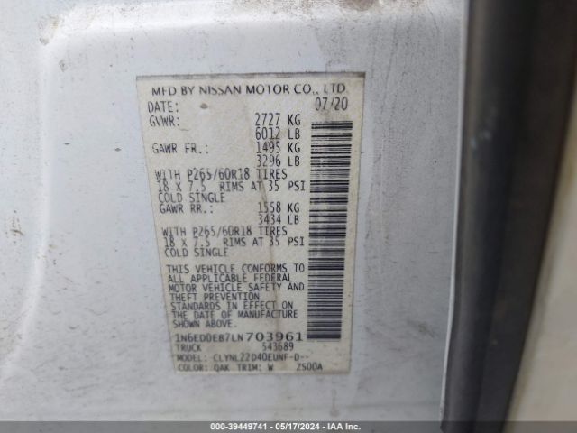 1N6ED0EB7LN703961 Nissan Frontier Sv 4x4