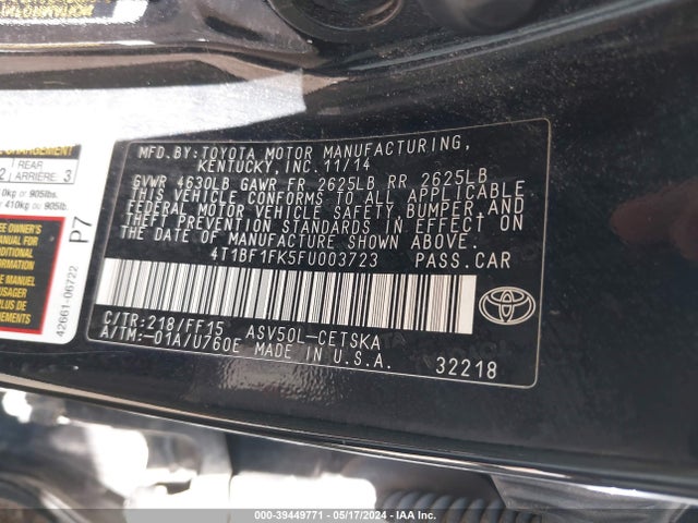 Toyota CAMRY SE 2015 4T1BF1FK5FU003723 Image 9
