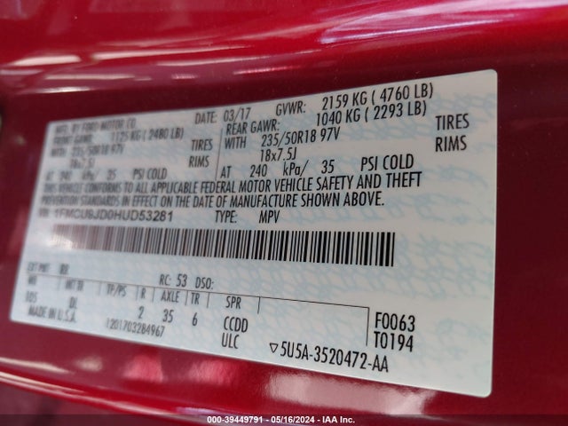 Ford Escape Titanium 2017 1FMCU9JD0HUD53281 Image 9