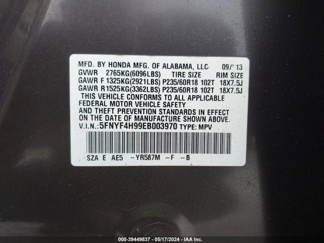 Honda Pilot Touring 2014 5FNYF4H99EB003970 Image 9