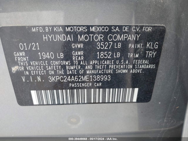 Hyundai ACCENT SE 2021 3KPC24A62ME138993 Image 9