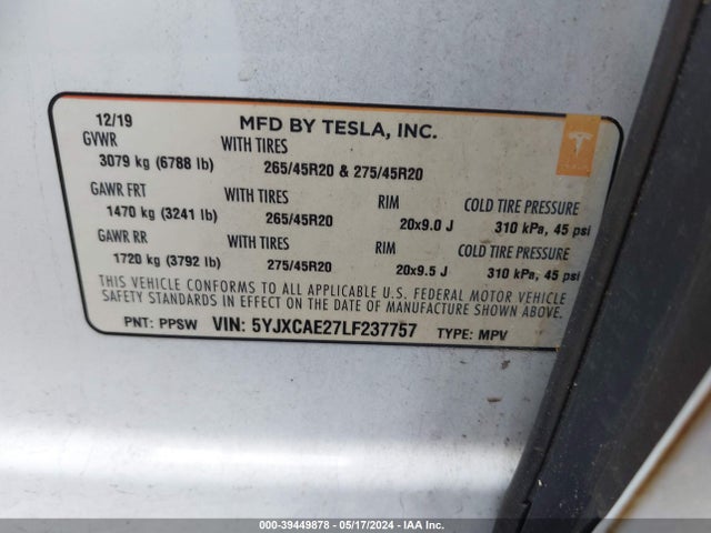 2020 TESLA MODEL X 5YJXCAE27LF237757 Photo 8