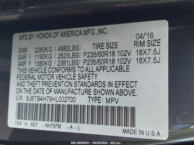 5J8TB4H79HL002700 Acura Rdx Advance Package