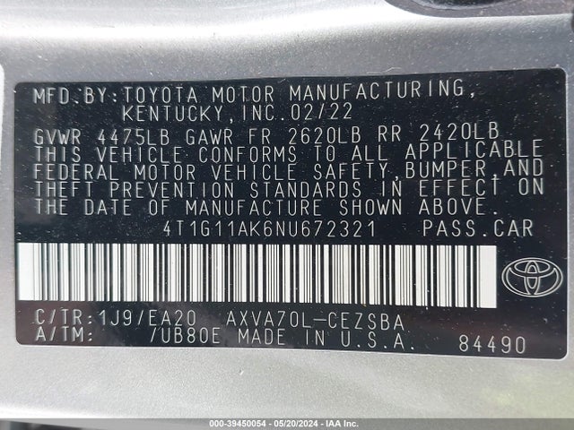 Toyota CAMRY SE 2022 4T1G11AK6NU672321 Image 9