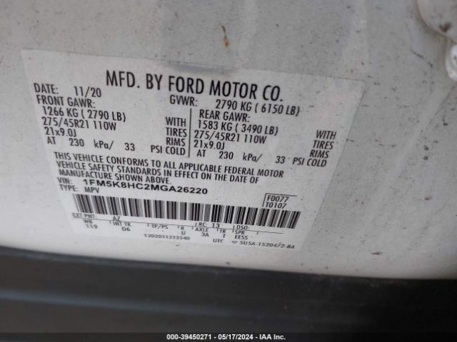 1FM5K8HC2MGA26220 Ford Explorer Platinum