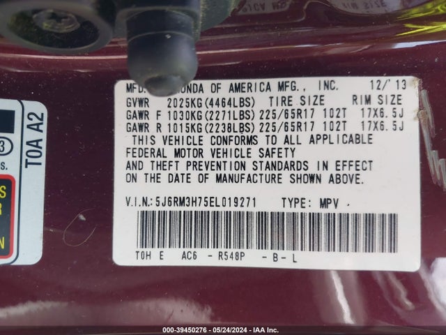 Honda Cr-v Ex-l 2014 5J6RM3H75EL019271 Image 9