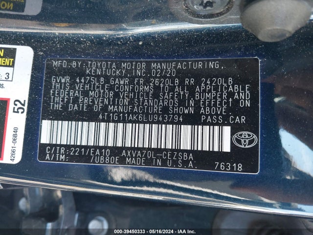 Toyota CAMRY SE 2020 4T1G11AK6LU943794 Image 9