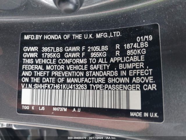 SHHFK7H61KU413263 Honda CIVIC EX