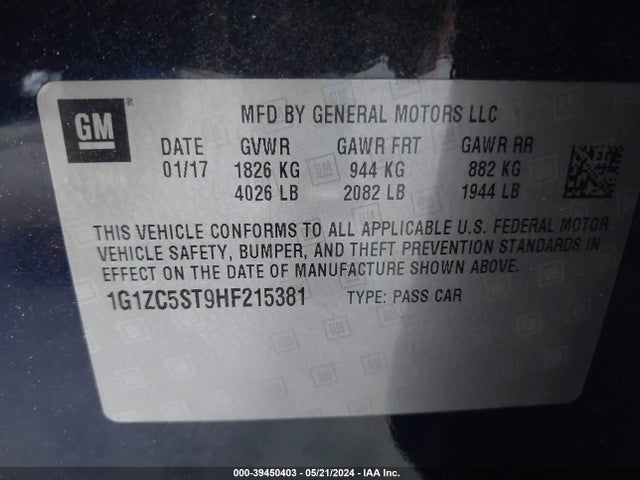 Chevrolet Malibu 1fl 2017 1G1ZC5ST9HF215381 Image 9