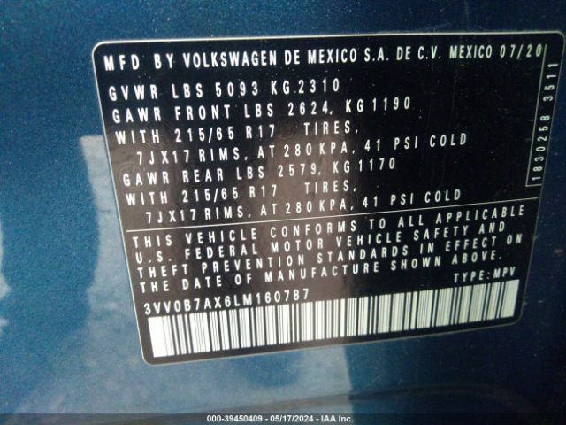 3VV0B7AX6LM160787 Volkswagen Tiguan 2.0t S