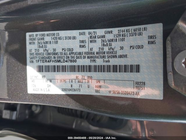 1FTER4FH5MLD47800 Ford Ranger Lariat