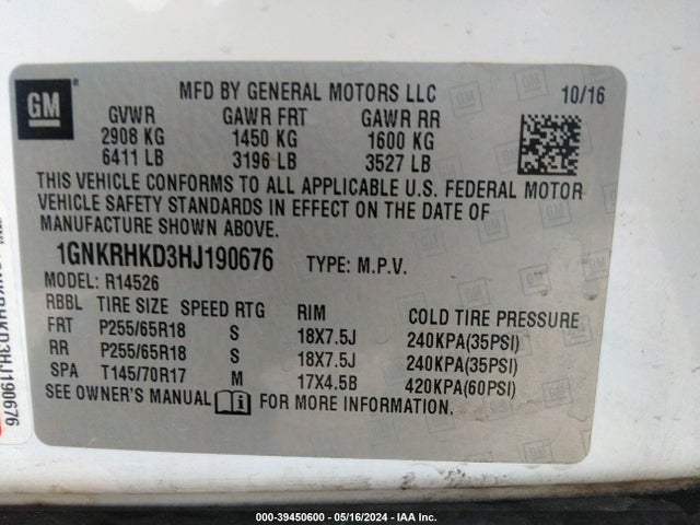 Chevrolet Traverse 2lt 2017 1GNKRHKD3HJ190676 Image 9