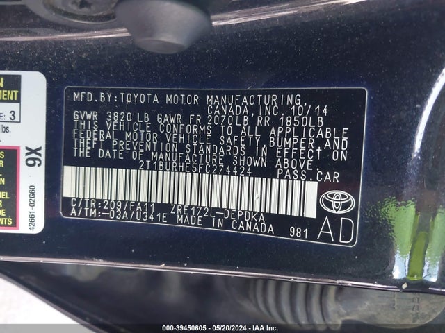 Toyota COROLLA L 2015 2T1BURHE5FC274424 Image 9