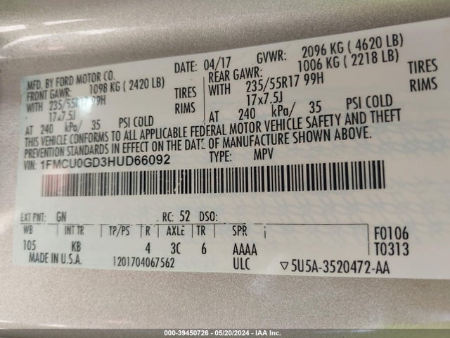 Ford ESCAPE SE 2017 1FMCU0GD3HUD66092 Image 9