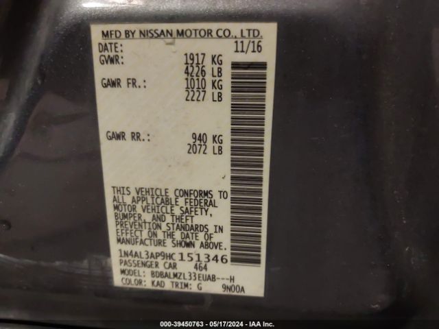 1N4AL3AP9HC151346 Nissan Altima 2.5 Sv