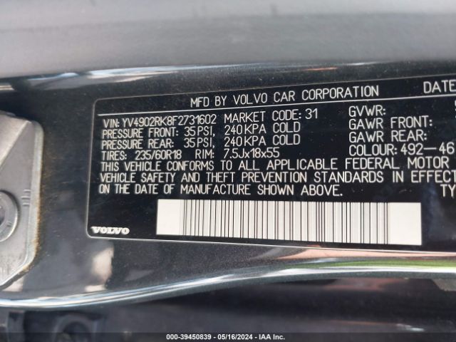 YV4902RK8F2731602 Volvo Xc60 T6