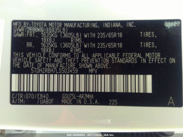 5TDHZRBH7LS503459 Toyota Highlander Xle